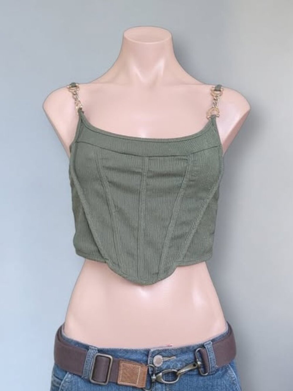 Vintage Green Shoulder Charm Accent Ribbed Tank Top Camisole (OS)